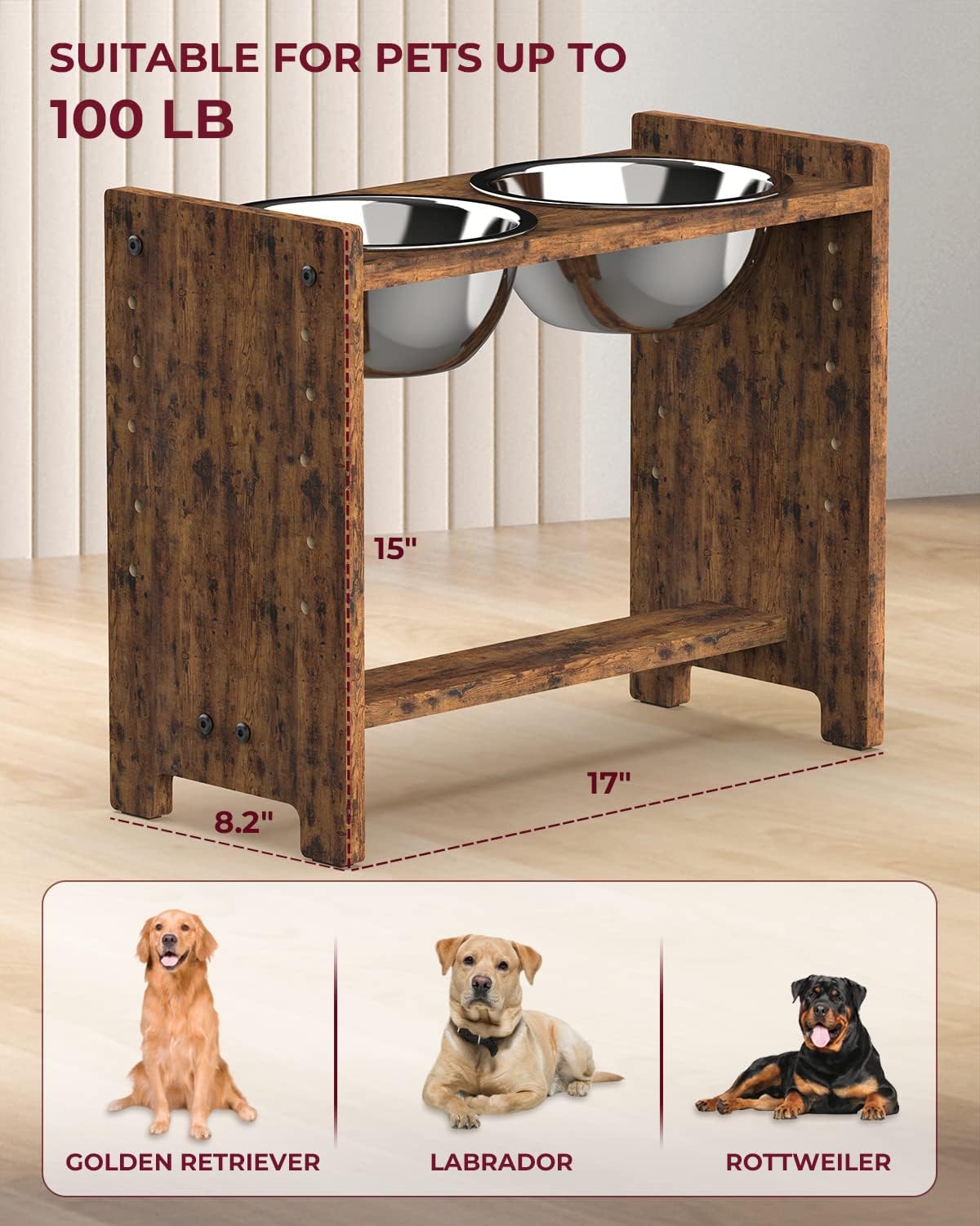 Elevated Dog Bowls, Adjustable Bowl Stand Medium, Rustic Brown | Particle Board Raised Dog Bowl Stand with 2 Stainless Steel Bowls for Medium Dogs