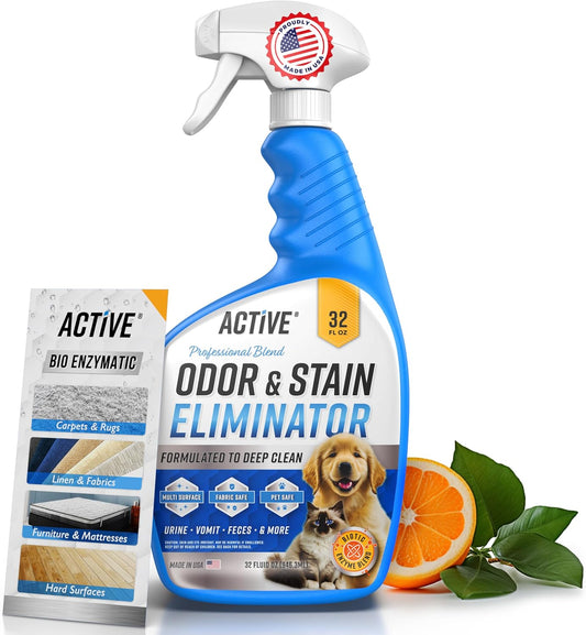 Pet Odor and Stain Eliminator - 32 oz Enzyme Cleaner for Dog & Cat Urine, Stain Remover Spray for Carpet, Upholstery, Hardwood, Spot Cleaning, Deodorizer for Dogs Cats Pets - Natural Citrus Oil