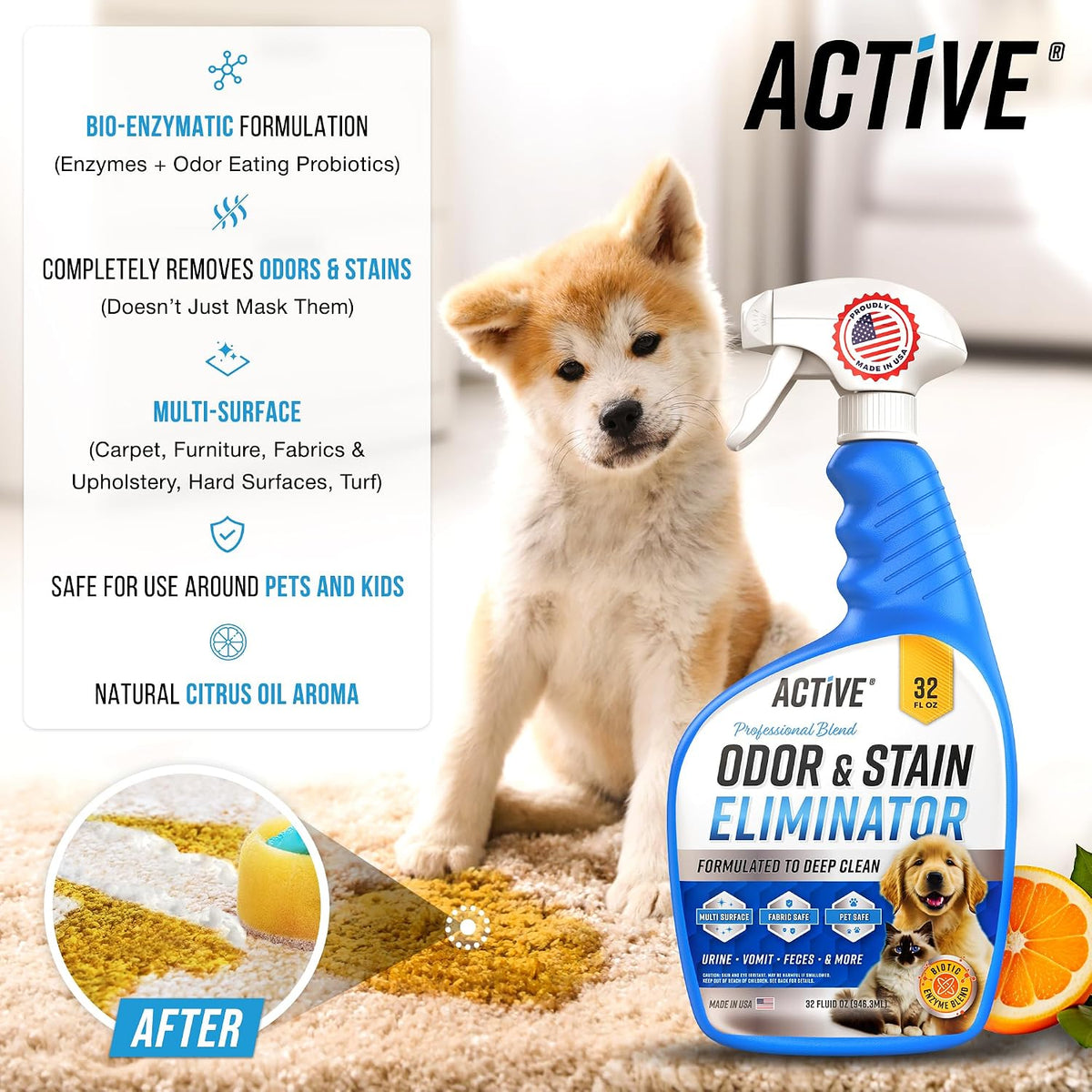 Pet Odor and Stain Eliminator - 32 oz Enzyme Cleaner for Dog & Cat Urine, Stain Remover Spray for Carpet, Upholstery, Hardwood, Spot Cleaning, Deodorizer for Dogs Cats Pets - Natural Citrus Oil