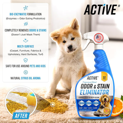 Pet Odor and Stain Eliminator - 32 oz Enzyme Cleaner for Dog & Cat Urine, Stain Remover Spray for Carpet, Upholstery, Hardwood, Spot Cleaning, Deodorizer for Dogs Cats Pets - Natural Citrus Oil