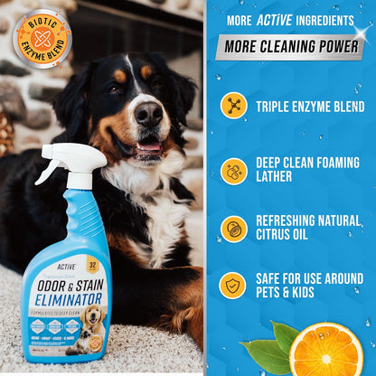 Pet Odor and Stain Eliminator - 32 oz Enzyme Cleaner for Dog & Cat Urine, Stain Remover Spray for Carpet, Upholstery, Hardwood, Spot Cleaning, Deodorizer for Dogs Cats Pets - Natural Citrus Oil