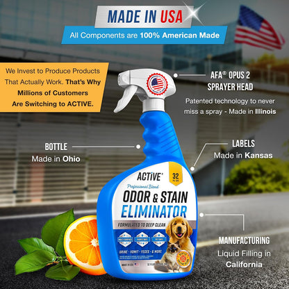 Pet Odor and Stain Eliminator - 32 oz Enzyme Cleaner for Dog & Cat Urine, Stain Remover Spray for Carpet, Upholstery, Hardwood, Spot Cleaning, Deodorizer for Dogs Cats Pets - Natural Citrus Oil