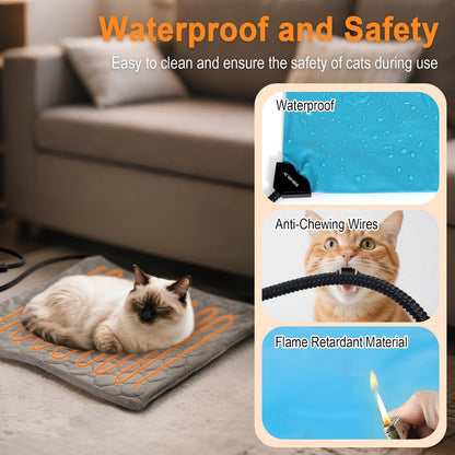 Cat Heating Pad, 6 Adjustable Temperature & 5 Timer Options, 17.7'' x 17.7'' Pet Heating Pad for Cats Dogs, Waterproof Indoor Outdoor Electric Heated Cat Bed Dog Mat with Chew-Resistant Cord (Grey)