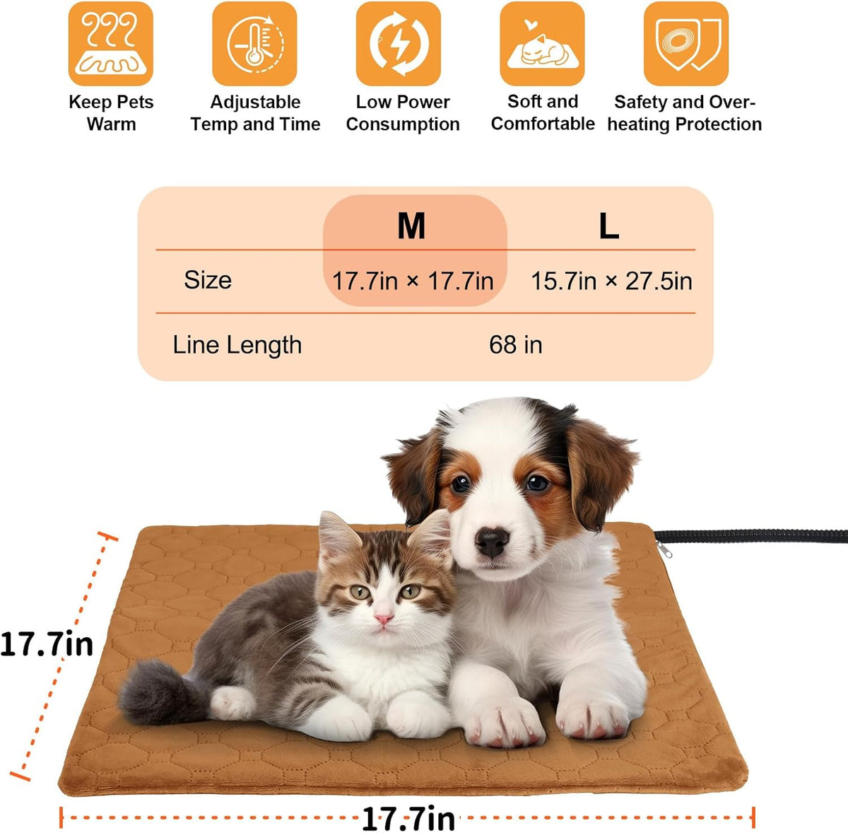 Cat Heating Pad, 6 Adjustable Temperature & 5 Timer Options, 17.7'' x 17.7'' Pet Heating Pad for Cats Dogs, Waterproof Indoor Outdoor Electric Heated Cat Bed Dog Mat with Chew-Resistant Cord (Grey)