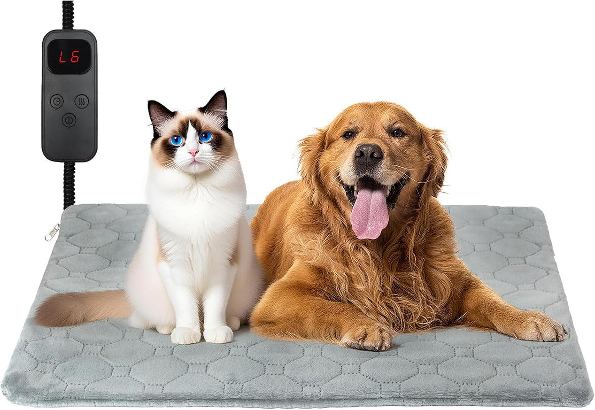 Cat Heating Pad, 6 Adjustable Temperature & 5 Timer Options, 17.7'' x 17.7'' Pet Heating Pad for Cats Dogs, Waterproof Indoor Outdoor Electric Heated Cat Bed Dog Mat with Chew-Resistant Cord (Grey)