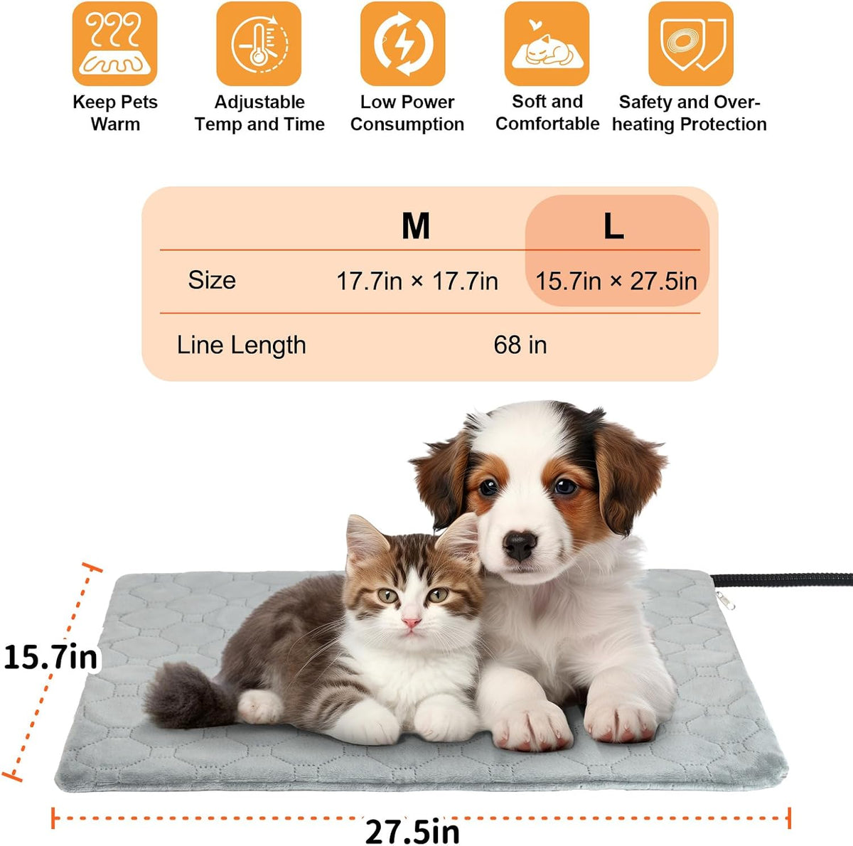 Cat Heating Pad, 6 Adjustable Temperature & 5 Timer Options, 17.7'' x 17.7'' Pet Heating Pad for Cats Dogs, Waterproof Indoor Outdoor Electric Heated Cat Bed Dog Mat with Chew-Resistant Cord (Grey)