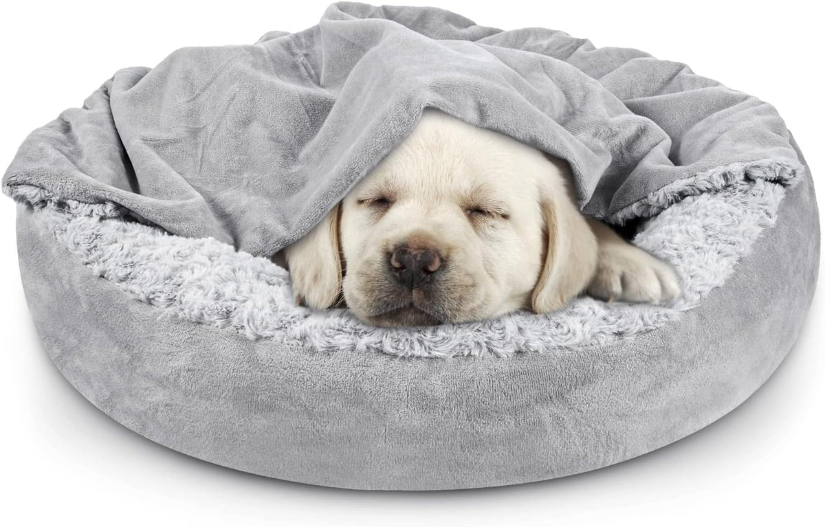 Small Dog Bed Cat Bed with Hooded Blanket, Cozy Cuddler Luxury Puppy Pet Bed, Donut Round Calming Anti-Anxiety Dog Burrow Cave Bed - Anti-Slip Bottom and Machine Washable 23 inch