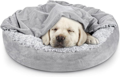 Small Dog Bed Cat Bed with Hooded Blanket, Cozy Cuddler Luxury Puppy Pet Bed, Donut Round Calming Anti-Anxiety Dog Burrow Cave Bed - Anti-Slip Bottom and Machine Washable 23 inch