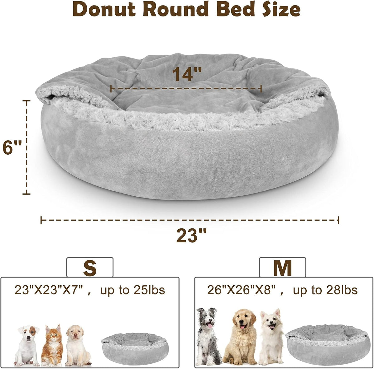 Small Dog Bed Cat Bed with Hooded Blanket, Cozy Cuddler Luxury Puppy Pet Bed, Donut Round Calming Anti-Anxiety Dog Burrow Cave Bed - Anti-Slip Bottom and Machine Washable 23 inch