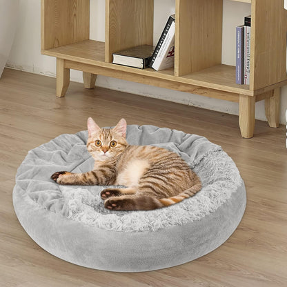 Small Dog Bed Cat Bed with Hooded Blanket, Cozy Cuddler Luxury Puppy Pet Bed, Donut Round Calming Anti-Anxiety Dog Burrow Cave Bed - Anti-Slip Bottom and Machine Washable 23 inch