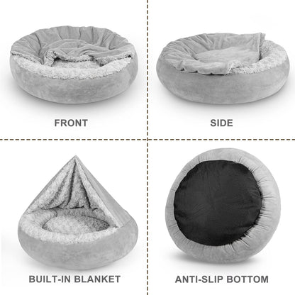 Small Dog Bed Cat Bed with Hooded Blanket, Cozy Cuddler Luxury Puppy Pet Bed, Donut Round Calming Anti-Anxiety Dog Burrow Cave Bed - Anti-Slip Bottom and Machine Washable 23 inch