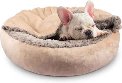 Small Dog Bed Cat Bed with Hooded Blanket, Cozy Cuddler Luxury Puppy Pet Bed, Donut Round Calming Anti-Anxiety Dog Burrow Cave Bed - Anti-Slip Bottom and Machine Washable 23 inch