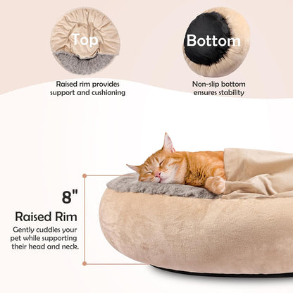 Small Dog Bed Cat Bed with Hooded Blanket, Cozy Cuddler Luxury Puppy Pet Bed, Donut Round Calming Anti-Anxiety Dog Burrow Cave Bed - Anti-Slip Bottom and Machine Washable 23 inch