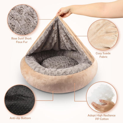 Small Dog Bed Cat Bed with Hooded Blanket, Cozy Cuddler Luxury Puppy Pet Bed, Donut Round Calming Anti-Anxiety Dog Burrow Cave Bed - Anti-Slip Bottom and Machine Washable 23 inch