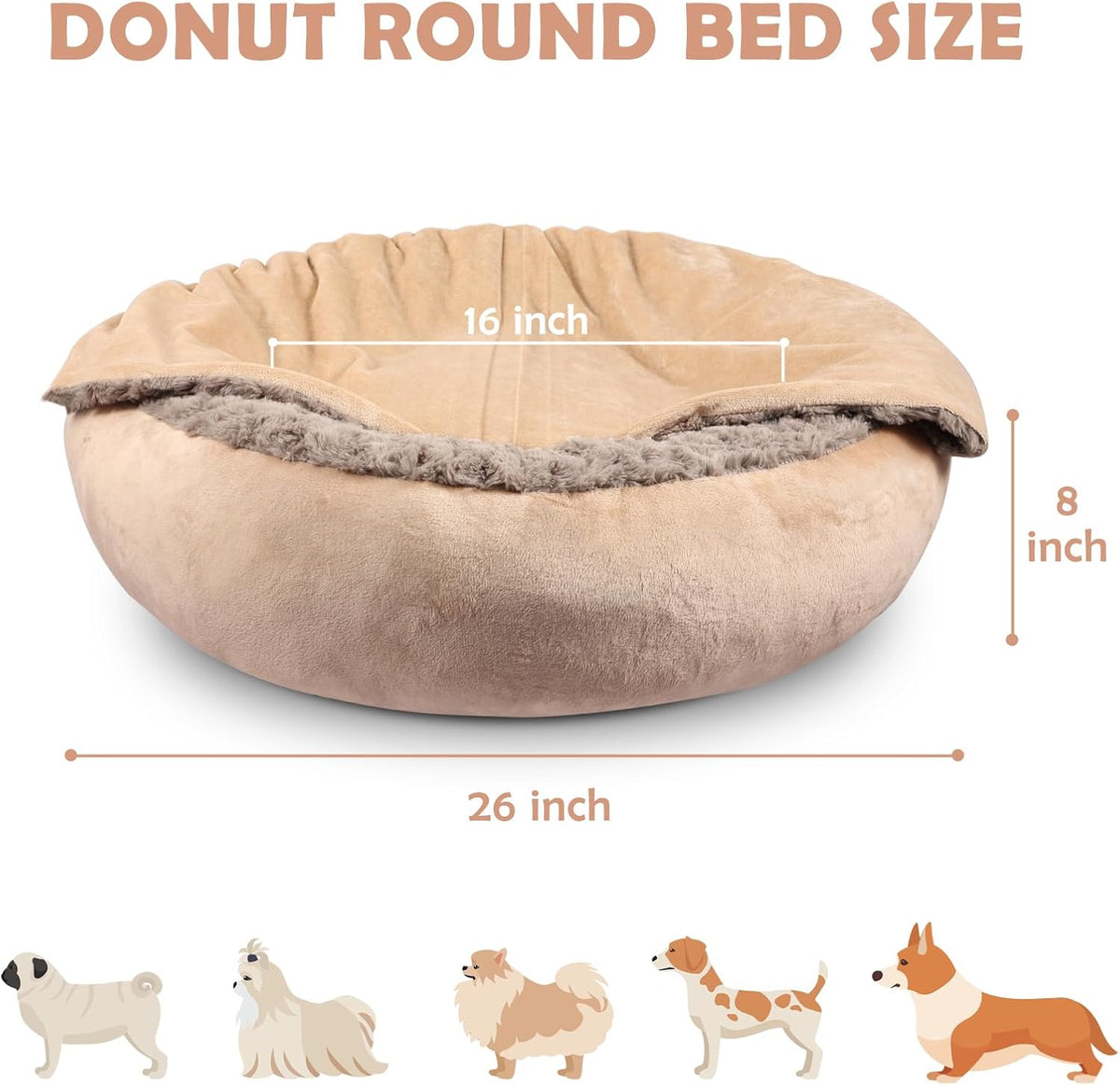 Small Dog Bed Cat Bed with Hooded Blanket, Cozy Cuddler Luxury Puppy Pet Bed, Donut Round Calming Anti-Anxiety Dog Burrow Cave Bed - Anti-Slip Bottom and Machine Washable 23 inch