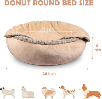 Small Dog Bed Cat Bed with Hooded Blanket, Cozy Cuddler Luxury Puppy Pet Bed, Donut Round Calming Anti-Anxiety Dog Burrow Cave Bed - Anti-Slip Bottom and Machine Washable 23 inch