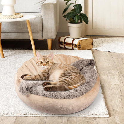 Small Dog Bed Cat Bed with Hooded Blanket, Cozy Cuddler Luxury Puppy Pet Bed, Donut Round Calming Anti-Anxiety Dog Burrow Cave Bed - Anti-Slip Bottom and Machine Washable 23 inch