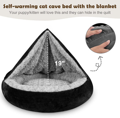 Small Dog Bed Cat Bed with Hooded Blanket, Cozy Cuddler Luxury Puppy Pet Bed, Donut Round Calming Anti-Anxiety Dog Burrow Cave Bed - Anti-Slip Bottom and Machine Washable 23 inch