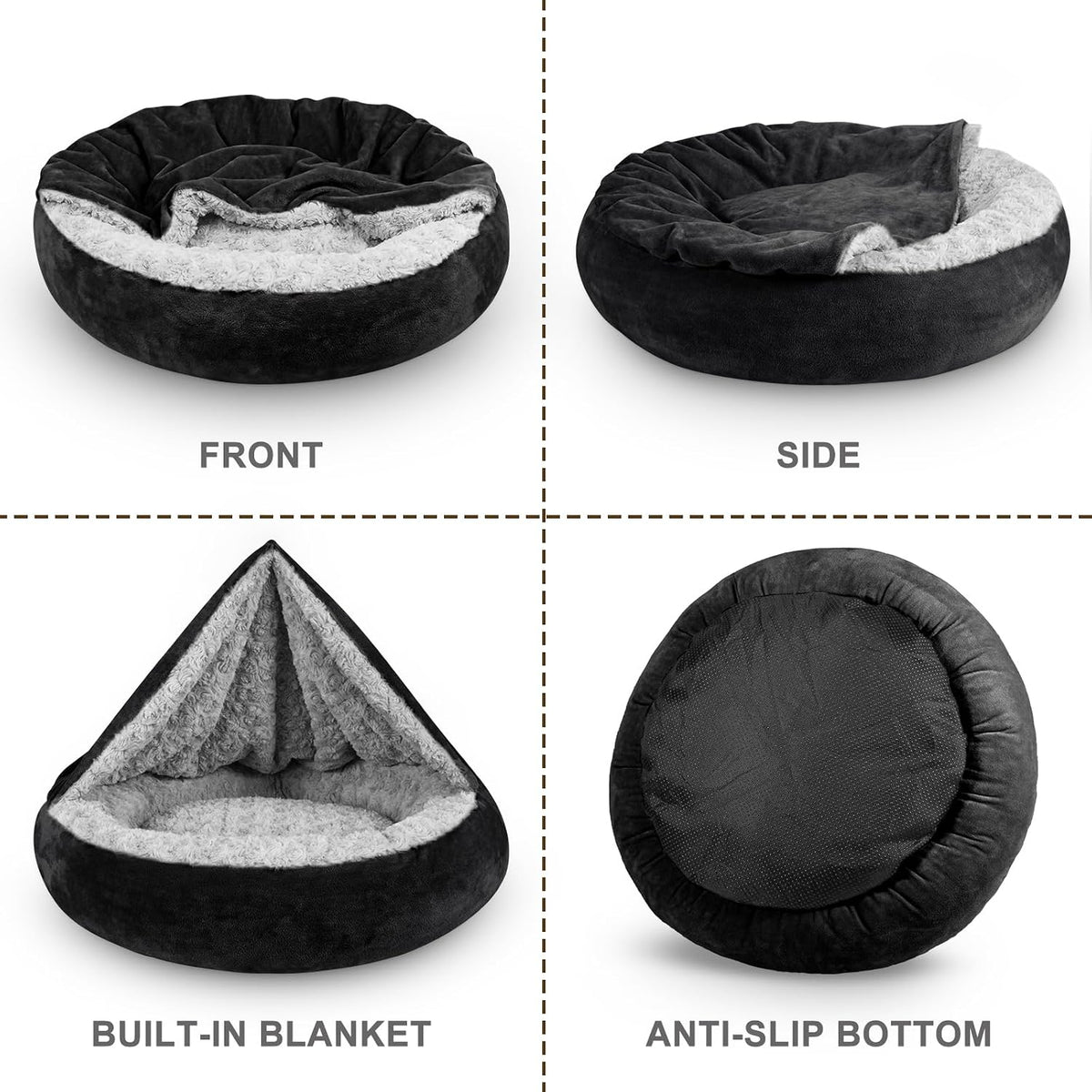 Small Dog Bed Cat Bed with Hooded Blanket, Cozy Cuddler Luxury Puppy Pet Bed, Donut Round Calming Anti-Anxiety Dog Burrow Cave Bed - Anti-Slip Bottom and Machine Washable 23 inch