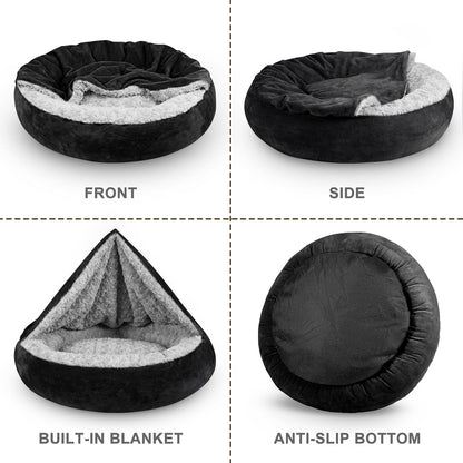 Small Dog Bed Cat Bed with Hooded Blanket, Cozy Cuddler Luxury Puppy Pet Bed, Donut Round Calming Anti-Anxiety Dog Burrow Cave Bed - Anti-Slip Bottom and Machine Washable 23 inch