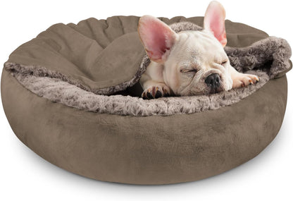 Small Dog Bed Cat Bed with Hooded Blanket, Cozy Cuddler Luxury Puppy Pet Bed, Donut Round Calming Anti-Anxiety Dog Burrow Cave Bed - Anti-Slip Bottom and Machine Washable 23 inch