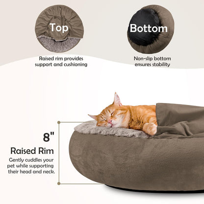 Small Dog Bed Cat Bed with Hooded Blanket, Cozy Cuddler Luxury Puppy Pet Bed, Donut Round Calming Anti-Anxiety Dog Burrow Cave Bed - Anti-Slip Bottom and Machine Washable 23 inch