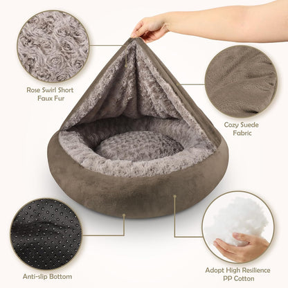 Small Dog Bed Cat Bed with Hooded Blanket, Cozy Cuddler Luxury Puppy Pet Bed, Donut Round Calming Anti-Anxiety Dog Burrow Cave Bed - Anti-Slip Bottom and Machine Washable 23 inch