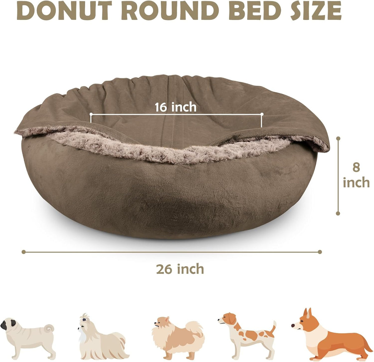 Small Dog Bed Cat Bed with Hooded Blanket, Cozy Cuddler Luxury Puppy Pet Bed, Donut Round Calming Anti-Anxiety Dog Burrow Cave Bed - Anti-Slip Bottom and Machine Washable 23 inch