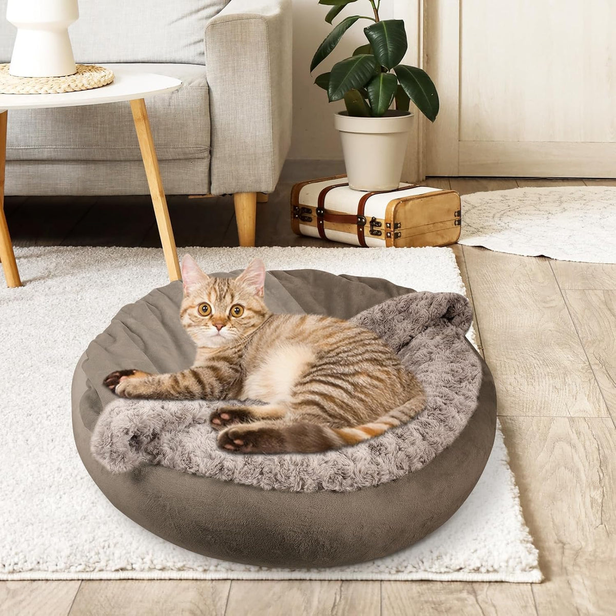 Small Dog Bed Cat Bed with Hooded Blanket, Cozy Cuddler Luxury Puppy Pet Bed, Donut Round Calming Anti-Anxiety Dog Burrow Cave Bed - Anti-Slip Bottom and Machine Washable 23 inch