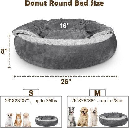 Small Dog Bed Cat Bed with Hooded Blanket, Cozy Cuddler Luxury Puppy Pet Bed, Donut Round Calming Anti-Anxiety Dog Burrow Cave Bed - Anti-Slip Bottom and Machine Washable 23 inch