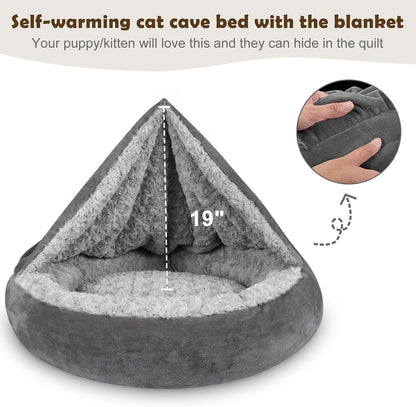 Small Dog Bed Cat Bed with Hooded Blanket, Cozy Cuddler Luxury Puppy Pet Bed, Donut Round Calming Anti-Anxiety Dog Burrow Cave Bed - Anti-Slip Bottom and Machine Washable 23 inch