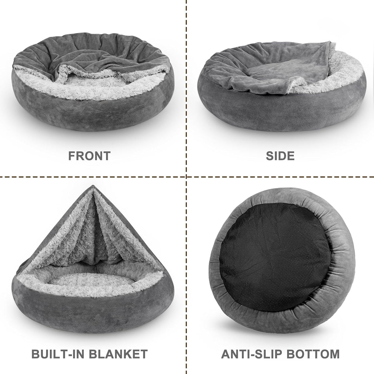 Small Dog Bed Cat Bed with Hooded Blanket, Cozy Cuddler Luxury Puppy Pet Bed, Donut Round Calming Anti-Anxiety Dog Burrow Cave Bed - Anti-Slip Bottom and Machine Washable 23 inch