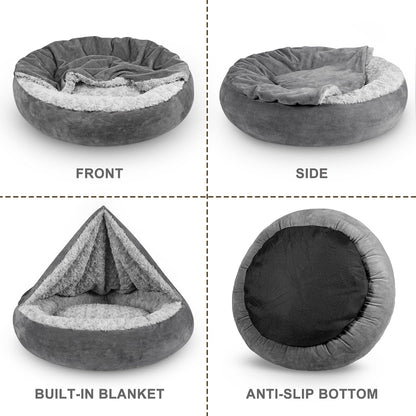 Small Dog Bed Cat Bed with Hooded Blanket, Cozy Cuddler Luxury Puppy Pet Bed, Donut Round Calming Anti-Anxiety Dog Burrow Cave Bed - Anti-Slip Bottom and Machine Washable 23 inch