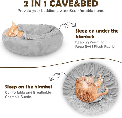 Small Dog Bed Cat Bed with Hooded Blanket, Cozy Cuddler Luxury Puppy Pet Bed, Donut Round Calming Anti-Anxiety Dog Burrow Cave Bed - Anti-Slip Bottom and Machine Washable 23 inch