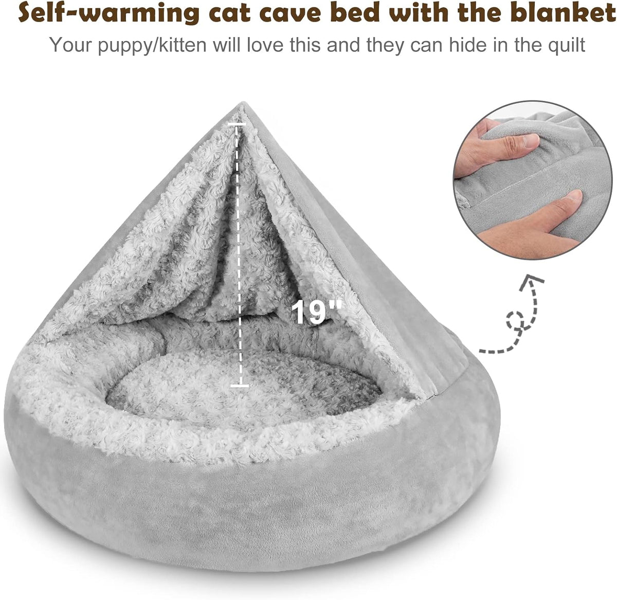 Small Dog Bed Cat Bed with Hooded Blanket, Cozy Cuddler Luxury Puppy Pet Bed, Donut Round Calming Anti-Anxiety Dog Burrow Cave Bed - Anti-Slip Bottom and Machine Washable 23 inch