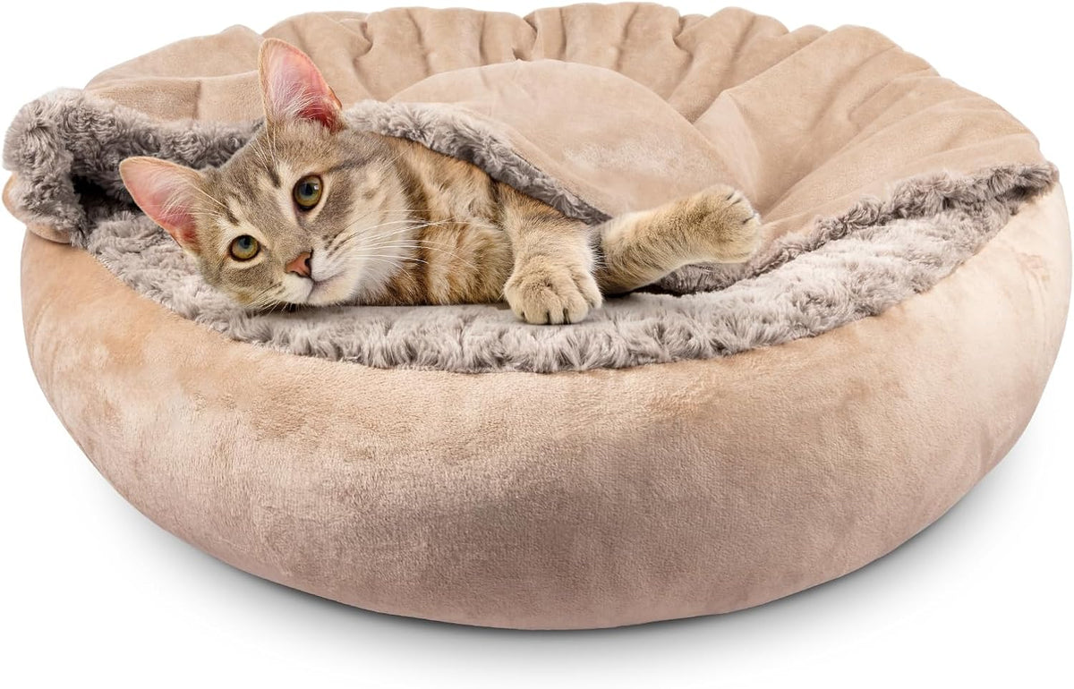 Small Dog Bed Cat Bed with Hooded Blanket, Cozy Cuddler Luxury Puppy Pet Bed, Donut Round Calming Anti-Anxiety Dog Burrow Cave Bed - Anti-Slip Bottom and Machine Washable 23 inch