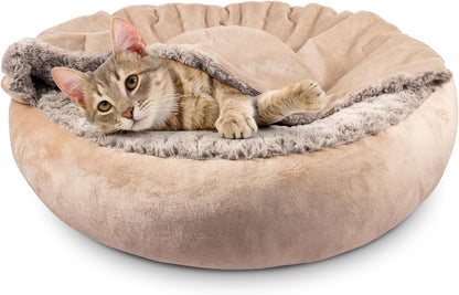 Small Dog Bed Cat Bed with Hooded Blanket, Cozy Cuddler Luxury Puppy Pet Bed, Donut Round Calming Anti-Anxiety Dog Burrow Cave Bed - Anti-Slip Bottom and Machine Washable 23 inch