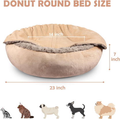 Small Dog Bed Cat Bed with Hooded Blanket, Cozy Cuddler Luxury Puppy Pet Bed, Donut Round Calming Anti-Anxiety Dog Burrow Cave Bed - Anti-Slip Bottom and Machine Washable 23 inch