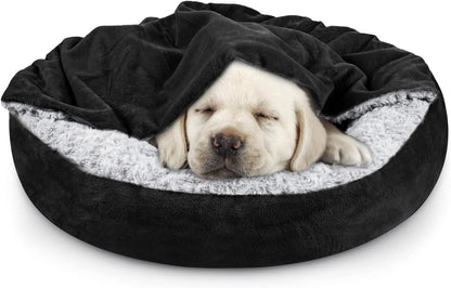 Small Dog Bed Cat Bed with Hooded Blanket, Cozy Cuddler Luxury Puppy Pet Bed, Donut Round Calming Anti-Anxiety Dog Burrow Cave Bed - Anti-Slip Bottom and Machine Washable 23 inch