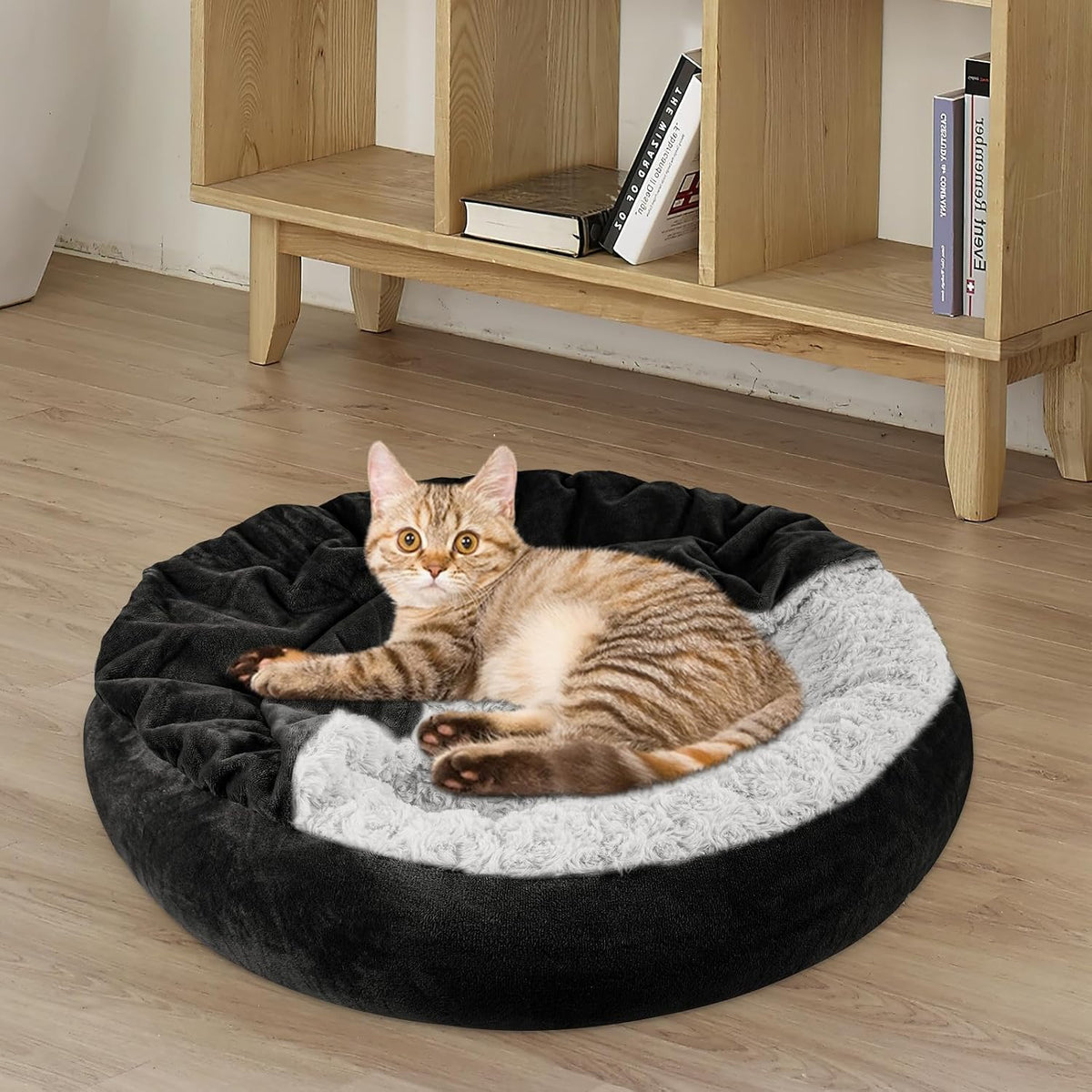 Small Dog Bed Cat Bed with Hooded Blanket, Cozy Cuddler Luxury Puppy Pet Bed, Donut Round Calming Anti-Anxiety Dog Burrow Cave Bed - Anti-Slip Bottom and Machine Washable 23 inch