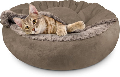 Small Dog Bed Cat Bed with Hooded Blanket, Cozy Cuddler Luxury Puppy Pet Bed, Donut Round Calming Anti-Anxiety Dog Burrow Cave Bed - Anti-Slip Bottom and Machine Washable 23 inch