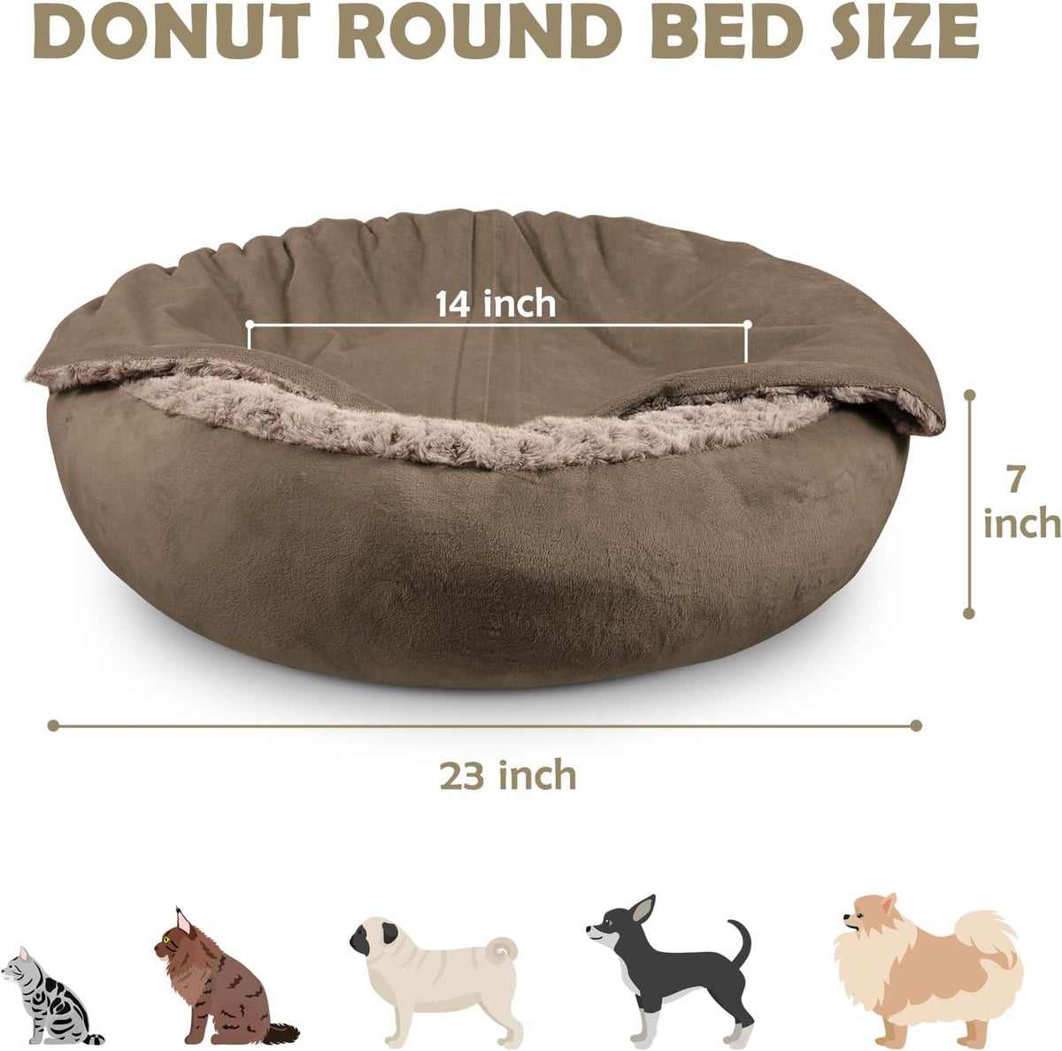 Small Dog Bed Cat Bed with Hooded Blanket, Cozy Cuddler Luxury Puppy Pet Bed, Donut Round Calming Anti-Anxiety Dog Burrow Cave Bed - Anti-Slip Bottom and Machine Washable 23 inch