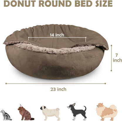 Small Dog Bed Cat Bed with Hooded Blanket, Cozy Cuddler Luxury Puppy Pet Bed, Donut Round Calming Anti-Anxiety Dog Burrow Cave Bed - Anti-Slip Bottom and Machine Washable 23 inch