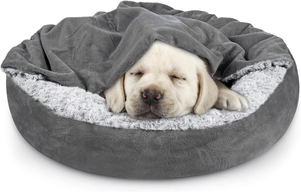 Small Dog Bed Cat Bed with Hooded Blanket, Cozy Cuddler Luxury Puppy Pet Bed, Donut Round Calming Anti-Anxiety Dog Burrow Cave Bed - Anti-Slip Bottom and Machine Washable 23 inch