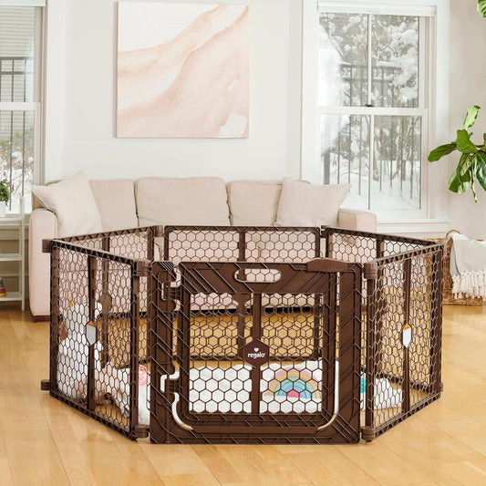 Safety 192" Plastic Super Wide Baby Gate & Play Yard with Door | Adjustable Playpen, For Doorways & Open Spaces, For Babies, Toddlers & Pets, Brown, Tested & Trusted for 30 Years