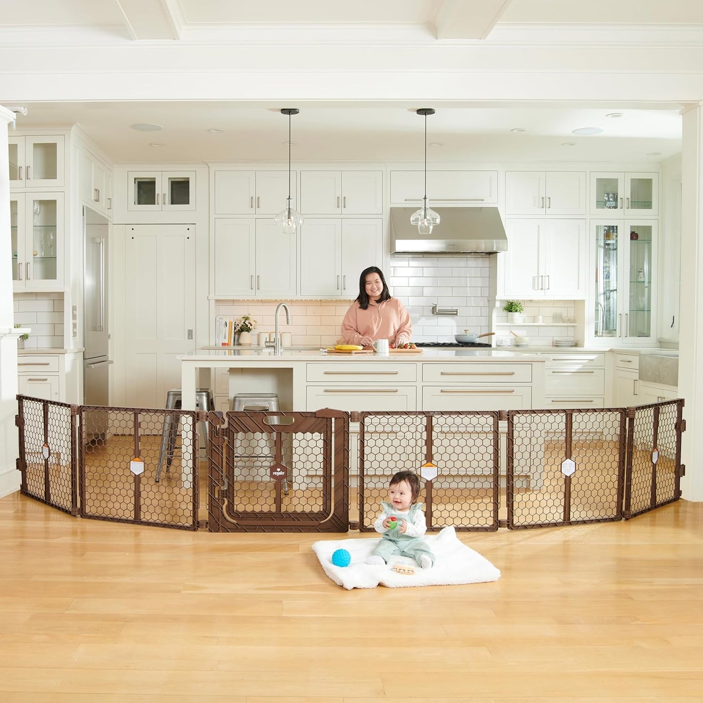 Safety 192" Plastic Super Wide Baby Gate & Play Yard with Door | Adjustable Playpen, For Doorways & Open Spaces, For Babies, Toddlers & Pets, Brown, Tested & Trusted for 30 Years