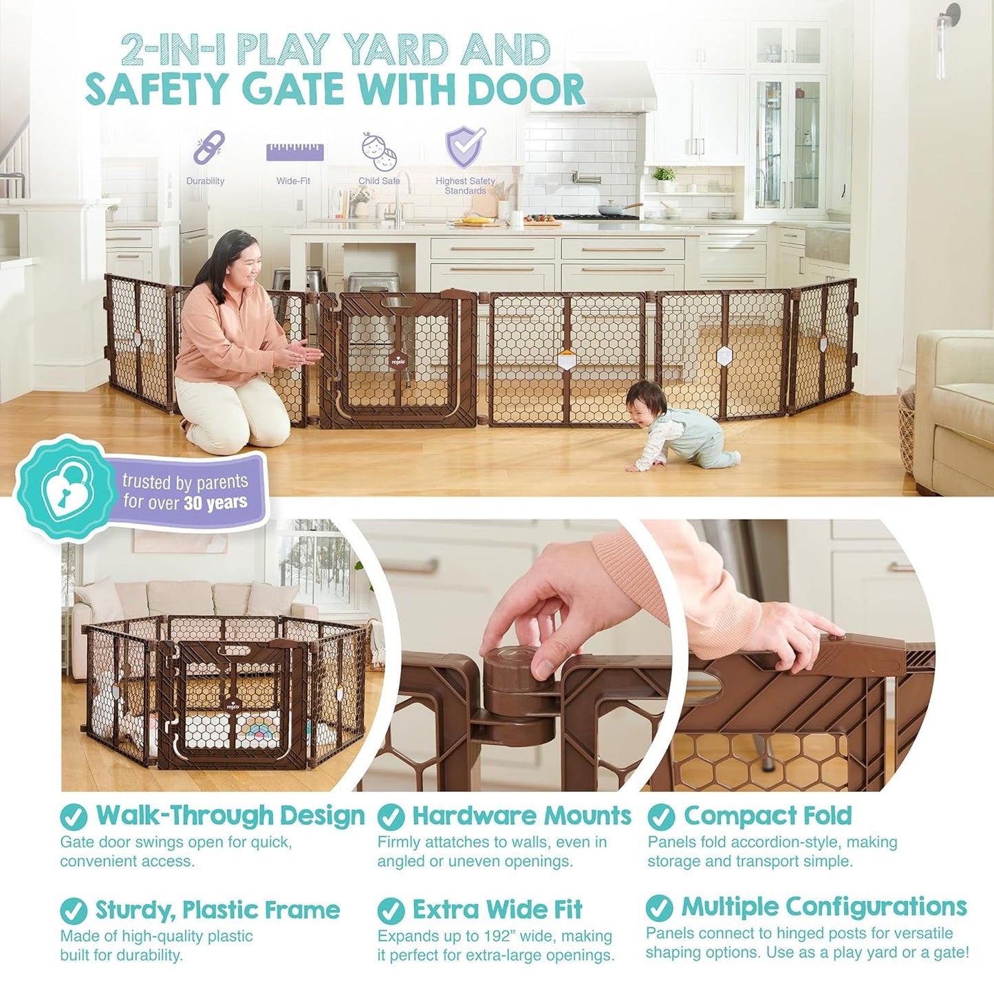 Safety 192" Plastic Super Wide Baby Gate & Play Yard with Door | Adjustable Playpen, For Doorways & Open Spaces, For Babies, Toddlers & Pets, Brown, Tested & Trusted for 30 Years