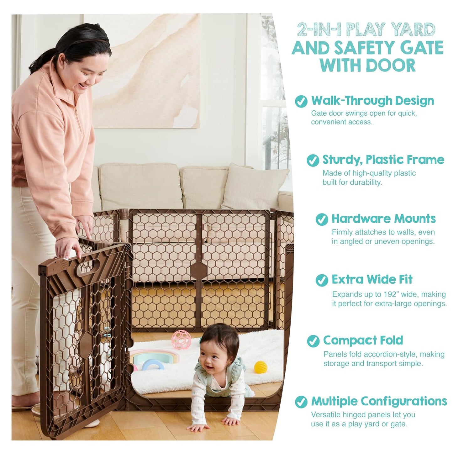 Safety 192" Plastic Super Wide Baby Gate & Play Yard with Door | Adjustable Playpen, For Doorways & Open Spaces, For Babies, Toddlers & Pets, Brown, Tested & Trusted for 30 Years