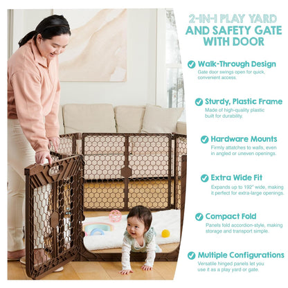 Safety 192" Plastic Super Wide Baby Gate & Play Yard with Door | Adjustable Playpen, For Doorways & Open Spaces, For Babies, Toddlers & Pets, Brown, Tested & Trusted for 30 Years