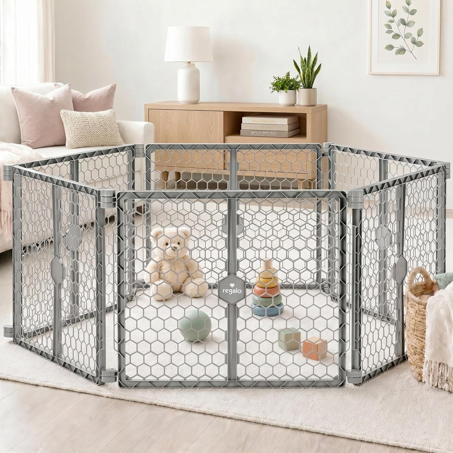 Safety 192" Plastic Super Wide Baby Gate & Play Yard with Door | Adjustable Playpen, For Doorways & Open Spaces, For Babies, Toddlers & Pets, Brown, Tested & Trusted for 30 Years